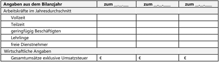 Angaben aus dem Bilanzjahr zum __.__.___ zum __.__.____ zum __.__.____
Arbeitskräfte im Jahresdurchschnitt

Vollzeit

Teilzeit

geringfügig Beschäftigten

Lehrlinge

freie Dienstnehmer
Wirtschaftliche Angaben
Gesamtumsätze exklusive Umsatzsteuer   €    €     €