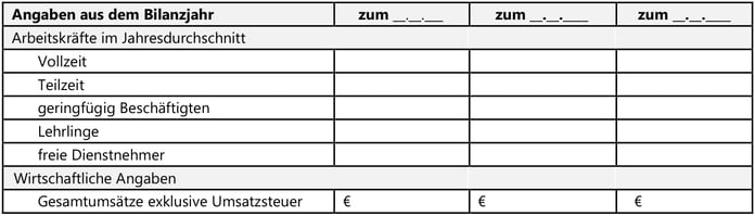 Angaben aus dem Bilanzjahr zum __.__.___ zum __.__.____ zum __.__.____
Arbeitskräfte im Jahresdurchschnitt

Vollzeit

Teilzeit

geringfügig Beschäftigten

Lehrlinge

freie Dienstnehmer
Wirtschaftliche Angaben
Gesamtumsätze exklusive Umsatzsteuer   €    €     €