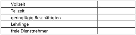 Vollzeit
Teilzeit
geringfügig Beschäftigten
Lehrlinge
freie Dienstnehmer