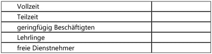 Vollzeit
Teilzeit
geringfügig Beschäftigten
Lehrlinge
freie Dienstnehmer